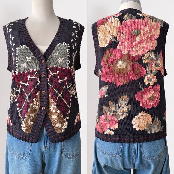 90s Embroidered Grandmacore Dark Floral Sweater Vest Cottagecore Whimsygoth Sz S - Picture 8 of 9